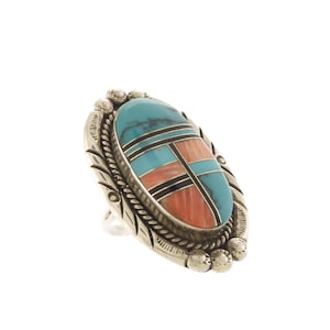 Beautiful Turquoise and Coral Inlay Ring in Sterling Silver by Navajo Artists V&N Edsitty