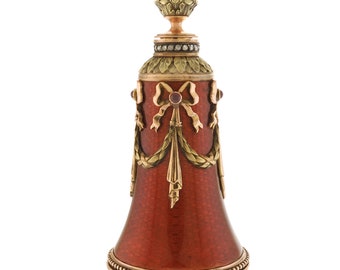 Antique Russian Fabergé-Style Guilloché  Enamel Perfume Bottle with Diamonds & Rubies in 14k Gold by Henrik Wigstrom