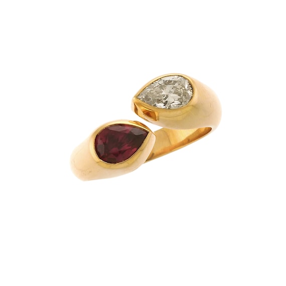 Contemporary Pear-Shaped Ruby & Diamond Bypass Ri… - image 1