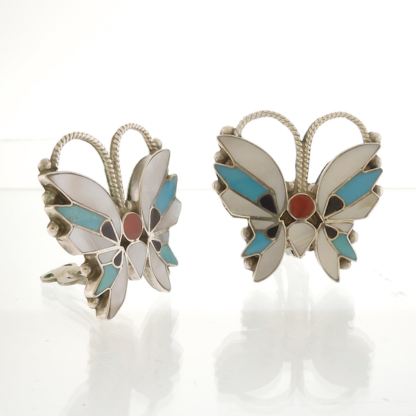 Beautiful Inlay & Sterling Silver Butterfly Clip Earrings by Zuni Artist Rosita Wallace