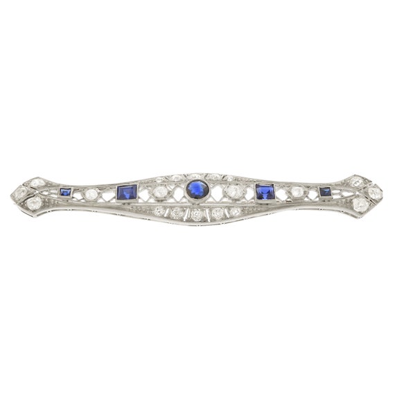 Exquisite Edwardian Filigree Bar Brooch with Sapp… - image 2