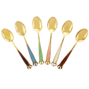 Elegant Gilded Guilloche Enameled Demitasse Spoon Set from Norway