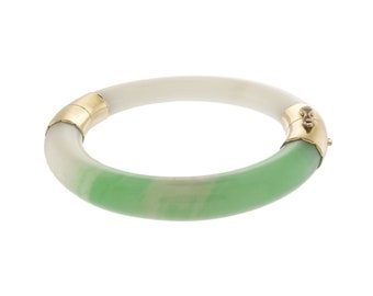 Green and White Jadeite Jade Bangle Bracelet with 14k Yellow Gold Clasp