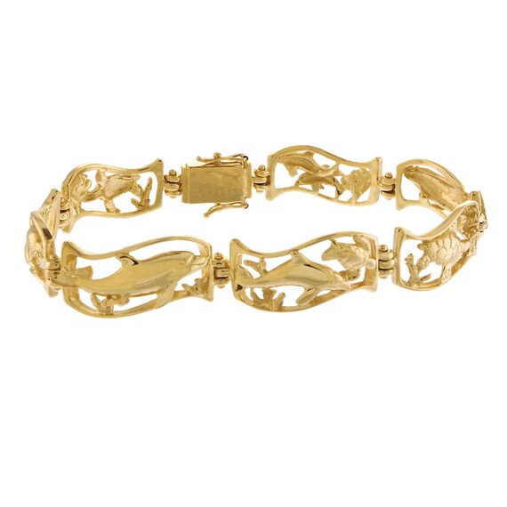 Unique Dolphin Sea Life Hinged Bracelet in 14k Yellow Gold