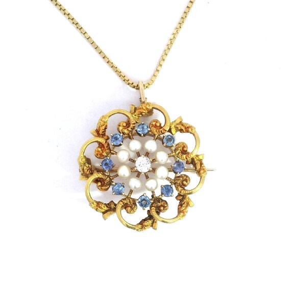 Victorian Montana Sapphire, Diamond & Pearl Brooc… - image 2