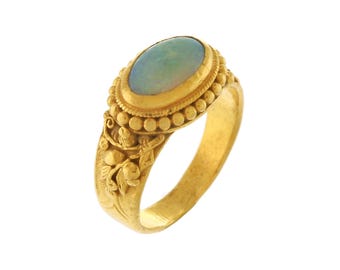 24k Yellow Gold Opal Ring: Floral Leaf Motif