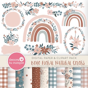 Boho Rainbow carte e cliparts digitali floreali, Boho Rainbow, colore naturale, rosa pastello rosa polveroso bordeaux, clipart per vivai, Instant Download
