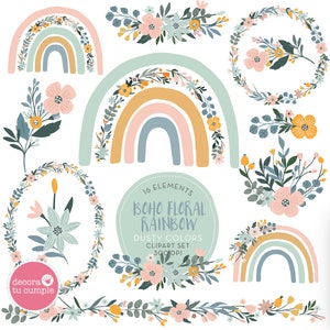 Conjunto de clipart floral Boho Rainbow, Boho Rainbow, cores naturais, pastel ocre rosa empoeirado, clipart de berçário, Download instantâneo
