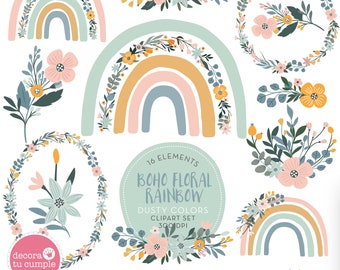 Boho Rainbow Floral Clipart Set, Nursery Art (Instant Download)
