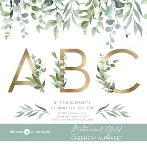 Gold Greenery cliparts leaves Watercolor Alphabet, wedding monogram, invitation transparent background png