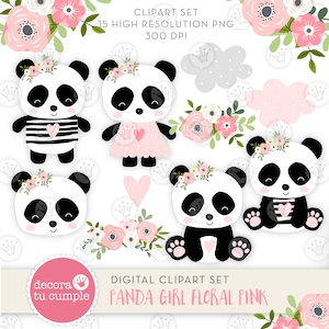 Schattige panda meisje bloemen cliparts pack
