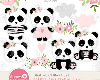 Panda Girl Floral Clipart Set (Digital Download)