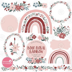 Boho Rainbow floral clipart set, Boho Rainbow, natural colors, pastel dusty pink burgundy, nursery clipart, Instant Download