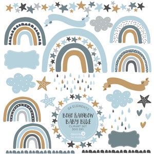 Skandinavische Boho Regenbogen Sterne digitale Cliparts Set, Boho Regenbogen, neutrale Farben, pastell staubblau, Kinderzimmer Clipart, Sofort Download