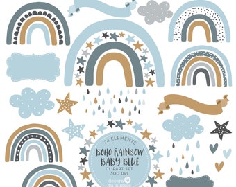 Scandinavian Boho Rainbow stars digital cliparts set, Boho Rainbow, neutral colors, pastel dusty blue, nursery clipart, Instant Download