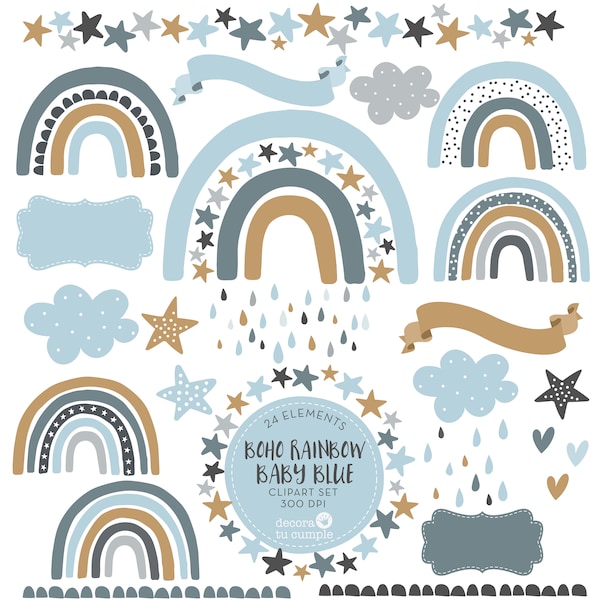 Scandinavian Boho Rainbow stars digital cliparts set, Boho Rainbow, neutral colors, pastel dusty blue, nursery clipart, Instant Download