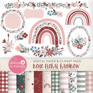 Boho Rainbow carte digitali floreali e cliparts, Boho Rainbow, colore naturale, bordeaux rosa polveroso pastello, clipart vivaio, Download istantaneo