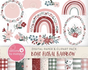 Boho Rainbow Floral Clipart, Digital Papers (Instant Download)
