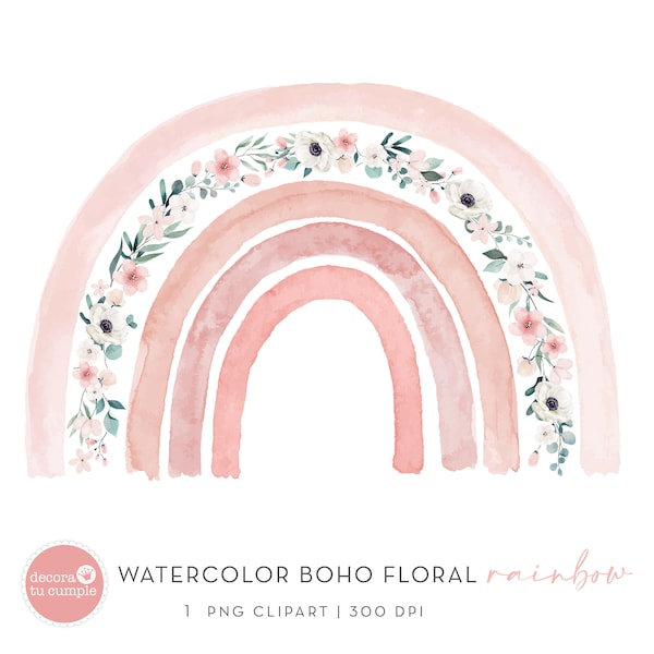 Boho Rainbow floral watercolor clipart, Flowers Boho Rainbow, pastel dusty pink, nursery clipart, Instant Download