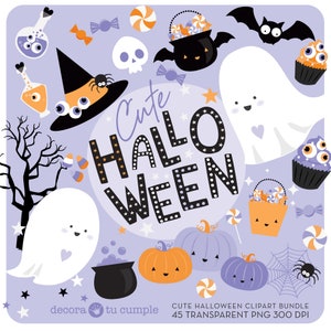Cute Purple Halloween Clipart Set Transparent Background PNG, Pink Pumpkin Candy Clip Art, ghost and bats, party decor, HappyHalloween