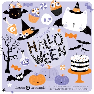 Cute Purple Sweet Cat Kitten Halloween Clipart Set Transparent Background PNG, cat and bats, party decor, Happy Halloween