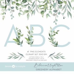 Lichtblauwe groene Eucalyptus Bladeren Alfabet Ampersand Nummer Aquarel clipart bruiloft uitnodiging png symbool lettertype monogram