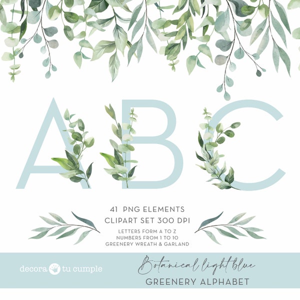 Light Blue Green Eucalyptus Leaves Alphabet Ampersand Number Watercolor clipart wedding invitation png symbol font monogram