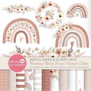 Boho Rainbow floreale acquerello apastel neutri colori terrosi clipart e set di carte digitali, rosa polveroso, clipart vivaio, Download istantaneo