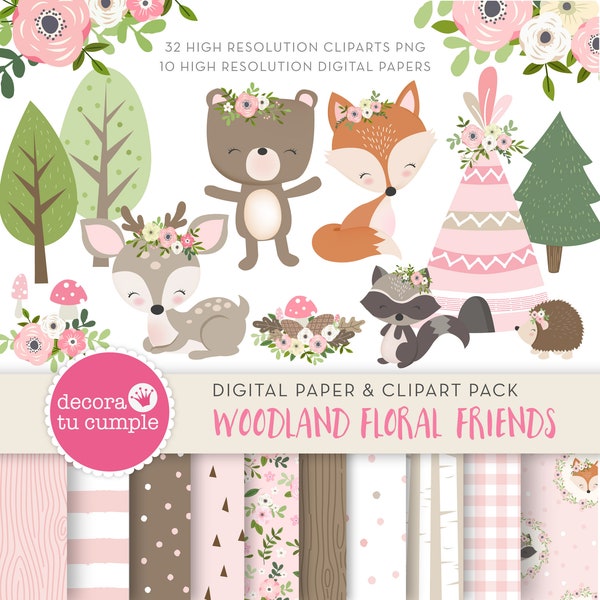 Woodland friends animals floral papers and cliparts pack, Woodland Nursery Clipart, digital cliparts transparent background, Forest Animals