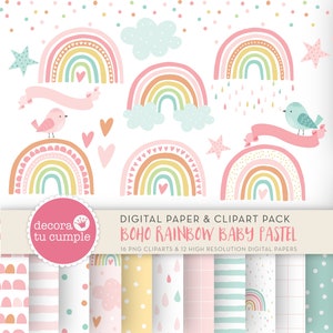 Boho Rainbow pastel colors digital papers and cliparts, scandinavian Rainbow, girl nursery cliparts, Instant Download