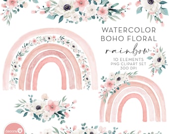 Boho Rainbow Floral Clipart Set, Watercolor Flowers (Instant Download)
