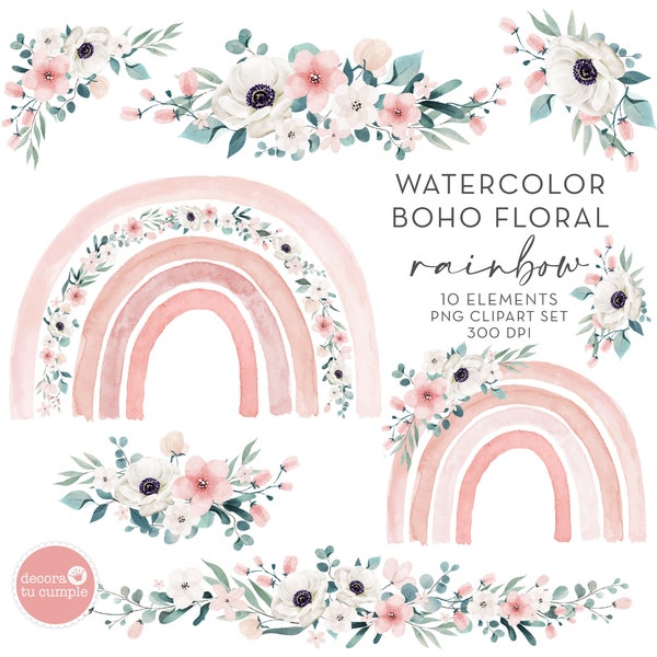 Boho Rainbow floral watercolor clipart set, Flowers Boho Rainbow, pastel dusty pink, nursery clipart, Instant Download