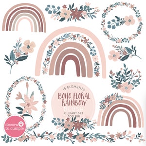 Conjunto de clipart floral Boho Rainbow, Boho Rainbow, blush rosa empoeirado, pastel rosa empoeirado bordô, clipart de berçário, download instantâneo