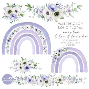Conjunto de clipart roxo Boho arco-íris floral aquarela lilás e lavanda, Flores Boho Rainbow, clipart de berçário, Download instantâneo