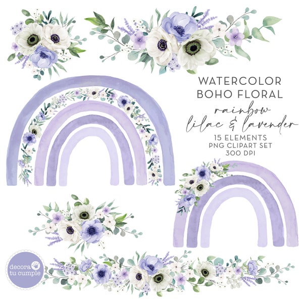 Purple Boho rainbow floral watercolor lilac and lavender clipart set, Flowers Boho Rainbow, nursery clipart, Instant Download