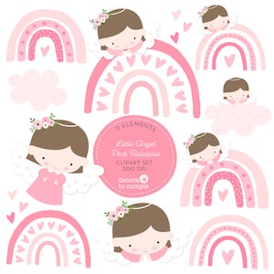 Conjunto de clipart de comunhão de batismo de arco-íris de anjo bebê rosa fofo, download instantâneo