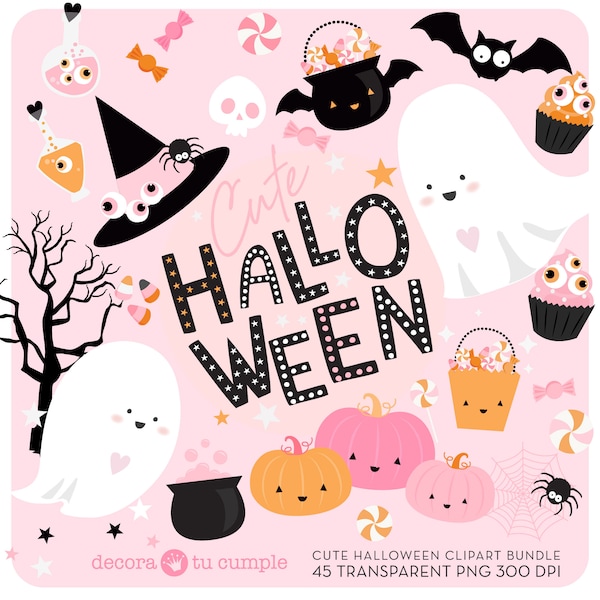 Cute Pink Halloween Clipart Set Transparent Background PNG, Pink Pumpkin Candy Clip Art, ghost and bats, party decor, HappyHalloween
