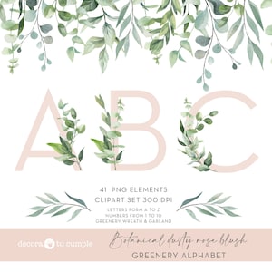 Roze Dusty Rose Blush Greenery Eucalyptus Bladeren Alfabet Ampersand Nummer Aquarel clipart bruiloft uitnodiging png symbool lettertype monogram