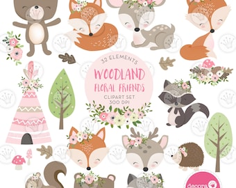 Floral Woodland Animals Clipart Set (Digital Download)