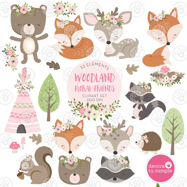 Woodland animals friends girly floral cliparts, Woodland Animals Digital Clipart, Forest Animals