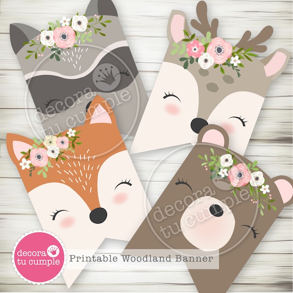 Woodland Animals Floral Printable Birthday Banner Bunting, A to Z and Happy Birthday Banner, Instant Download, Party Decor Forest Animals