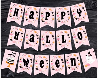 Happy Halloween Banner Pink Ghost Party Halloween Decor Pink PRINTABLE DIGITAL DOWNLOAD