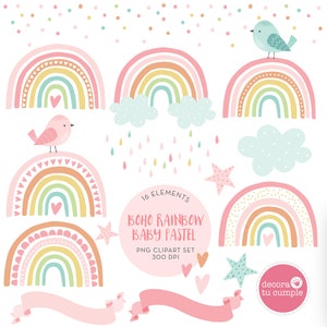 Conjunto de imágenes prediseñadas de colores pastel Boho Rainbow, Cute Boho Rainbow, colores pastel, rosa, imágenes prediseñadas de vivero, Descarga instantánea