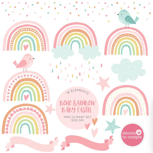 Boho Rainbow pastel colors clipart set, Cute Boho Rainbow, pastel colors, pink, nursery clipart, Instant Download