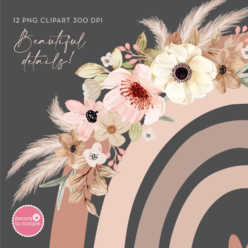 Boho Rainbow Floral Clipart Set, Watercolor Earthy Neutral (instant ...