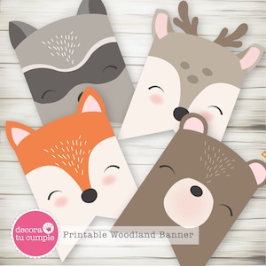 Woodland Animals Printable Birthday Banner Bunting, A to Z letters and Happy Birthday Banner, Instant Download, Party Decor Forest Animals