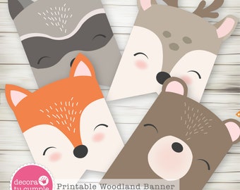 Woodland Animals Printable Birthday Banner Bunting, A to Z letters and Happy Birthday Banner, Instant Download, Party Decor Forest Animals