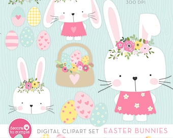 Cute Easter Bunny Clipart Bundle, Pastel PNG Images (Digital Download)