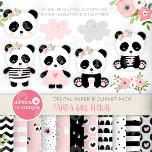 Pacote de papéis e cliparts florais de menina panda fofa