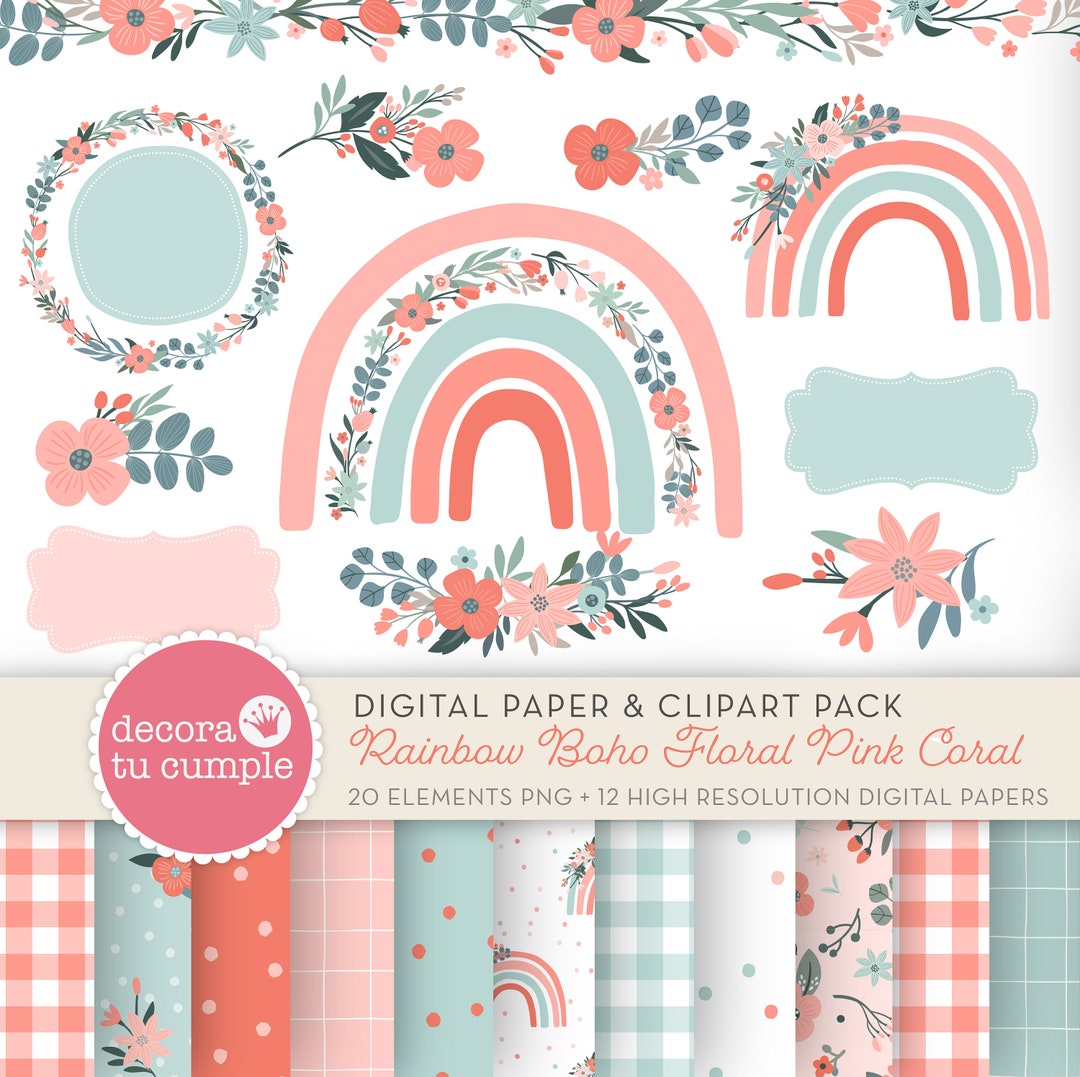 Boho Rainbow Floral Digital Papers and Cliparts, Boho Rainbow, Coral ...